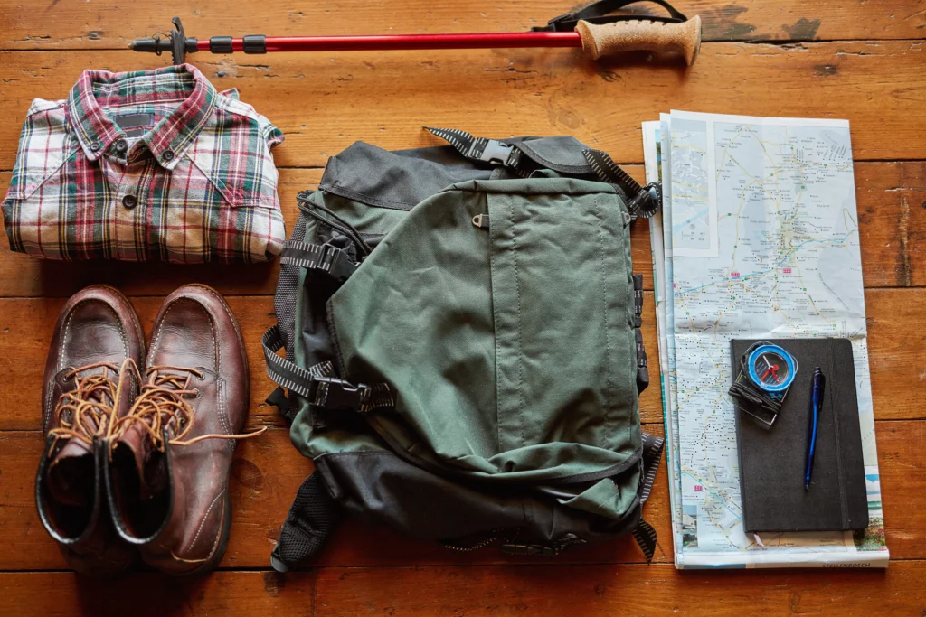 Essential backpacking gear layout